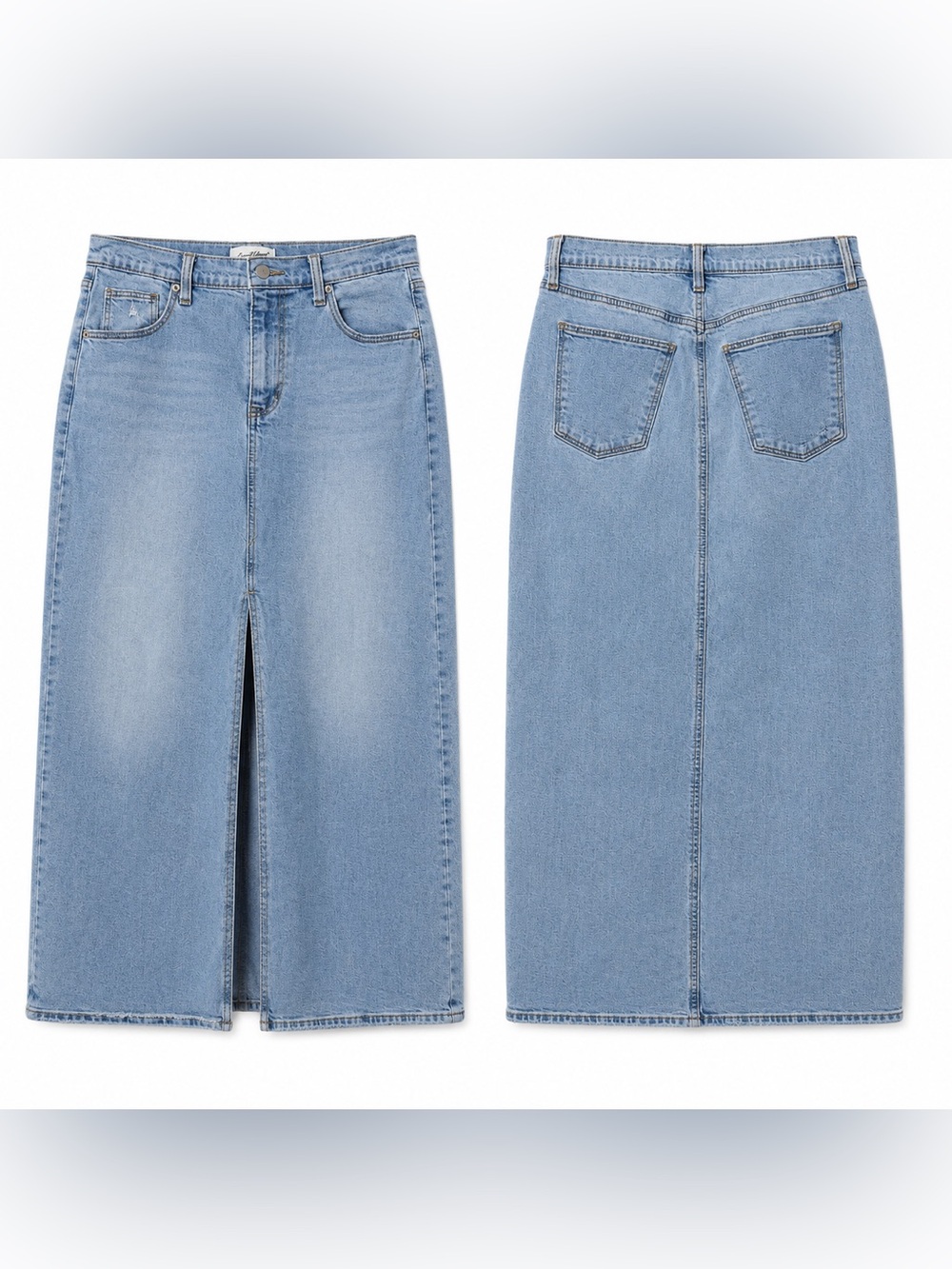 Light Wash Denim Midi Skirt Size 10 Front Slit chic Modest Coastal Cowgirl Style